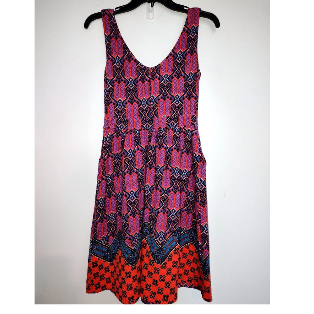 Maeve Anthropologie Geometric IkatFit Flare Dress Orange Purple Blue Sz2 Pockets - Picture 2 of 6
